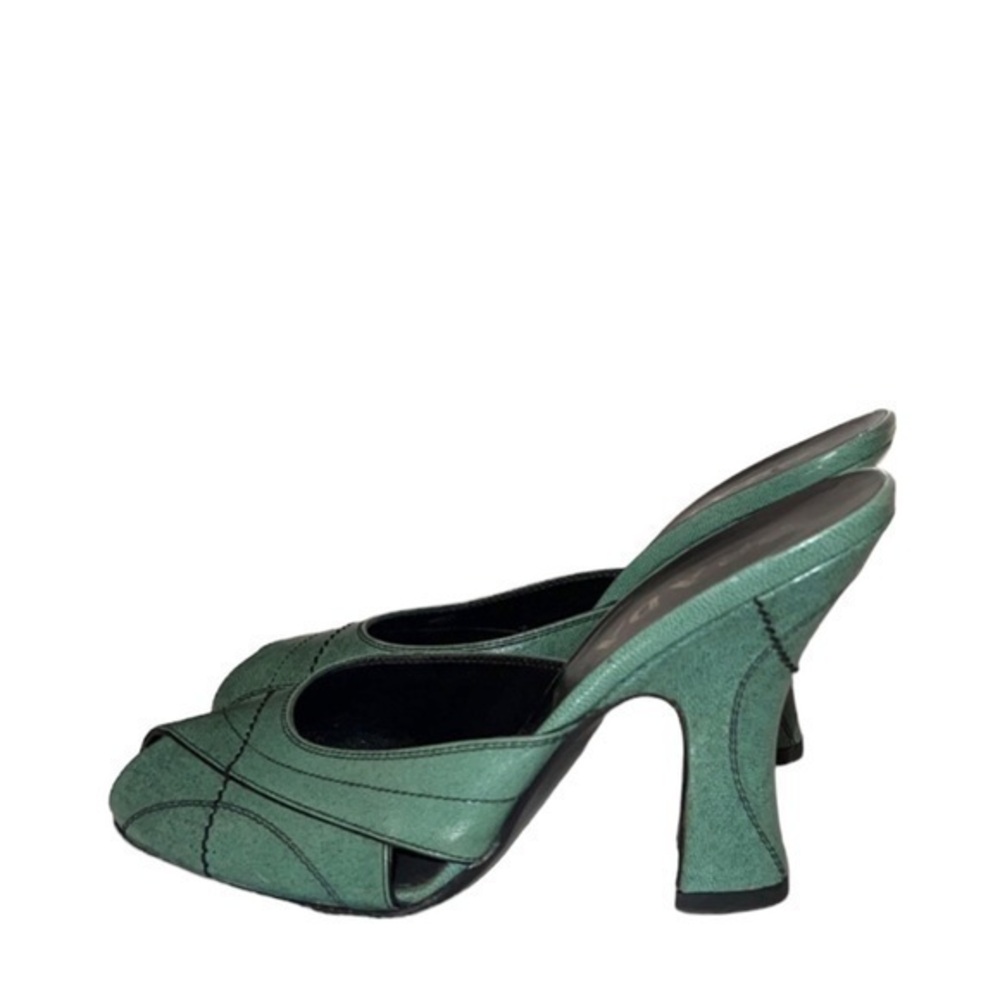 PRADA Vintage 2000s’ Green Leather Block Heel Peep Toe Sandals Mules 37.5 - Picture 4 of 9
